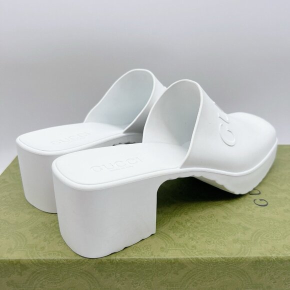 Gucci Logo Rubber Platform Heel Clogs Mules Slip On 725899 White Wms EU 39 US 9 - Picture 7 of 13